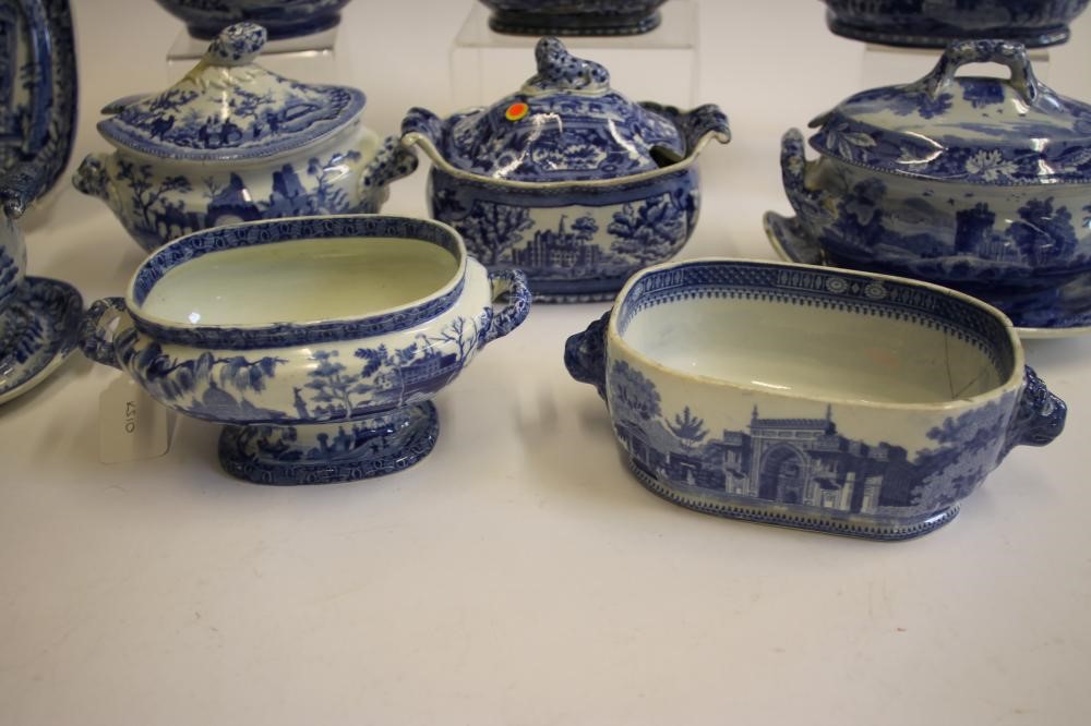 A COLLECTION OF BLUE AND WHITE PRINTED EARTHENWARE SAUCE TUREENS comprising two Spode "Entrance to Image
