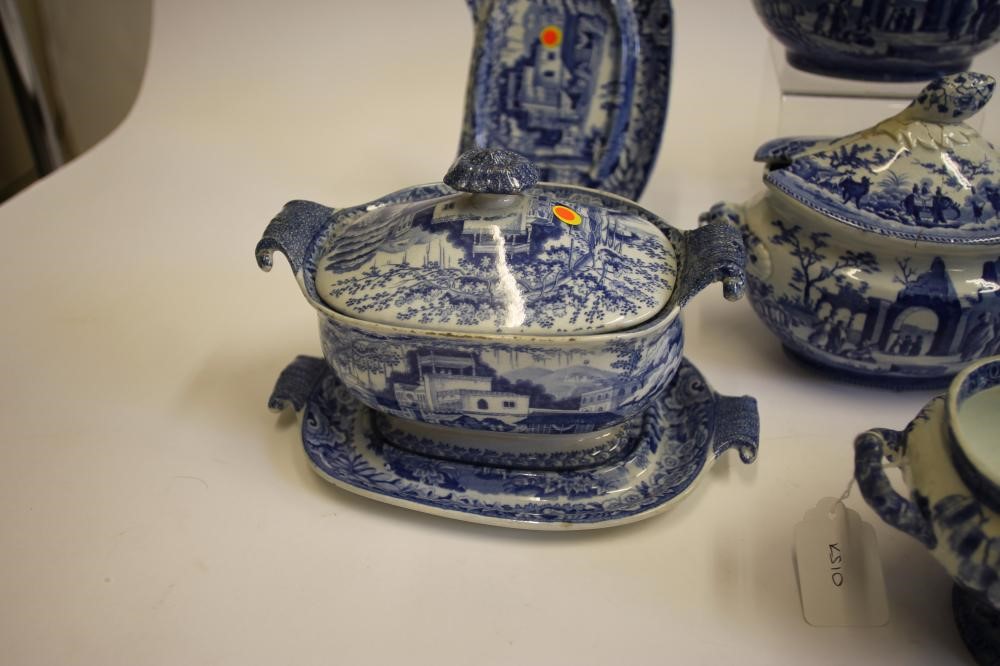 A COLLECTION OF BLUE AND WHITE PRINTED EARTHENWARE SAUCE TUREENS comprising two Spode "Entrance to Image