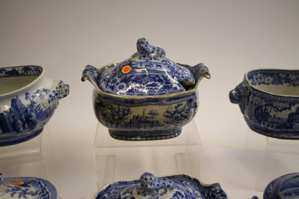 A COLLECTION OF BLUE AND WHITE PRINTED EARTHENWARE SAUCE TUREENS comprising two Spode "Entrance to Image