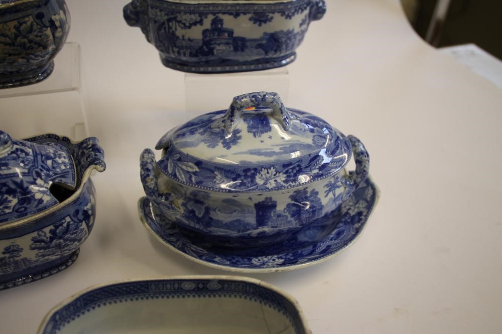 A COLLECTION OF BLUE AND WHITE PRINTED EARTHENWARE SAUCE TUREENS comprising two Spode "Entrance to Image