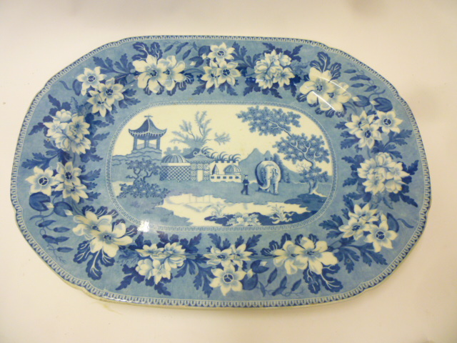 A JOHN ROGERS & SON BLUE AND WHITE PRINTED EARTHENWARE ELEPHANT PATTERN MEAT PLATE Image