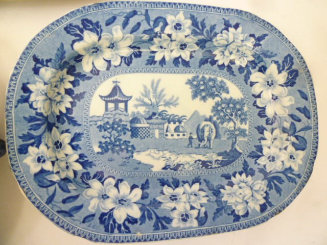 THREE VARIOUS BLUE AND WHITE "ELEPHANT" PATTERN PRINTED EARTHENWARE DISHES Image