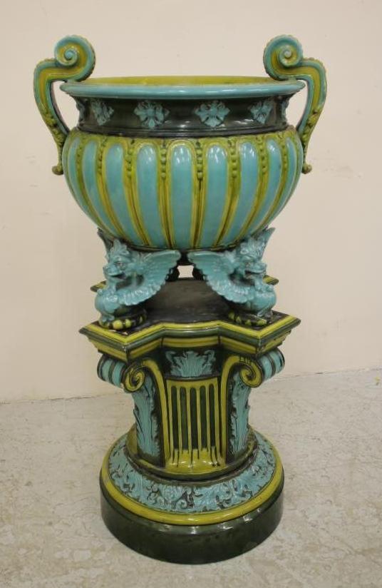 A MASSIVE ENGLISH MAJOLICA JARDINIERE ON STAND Image