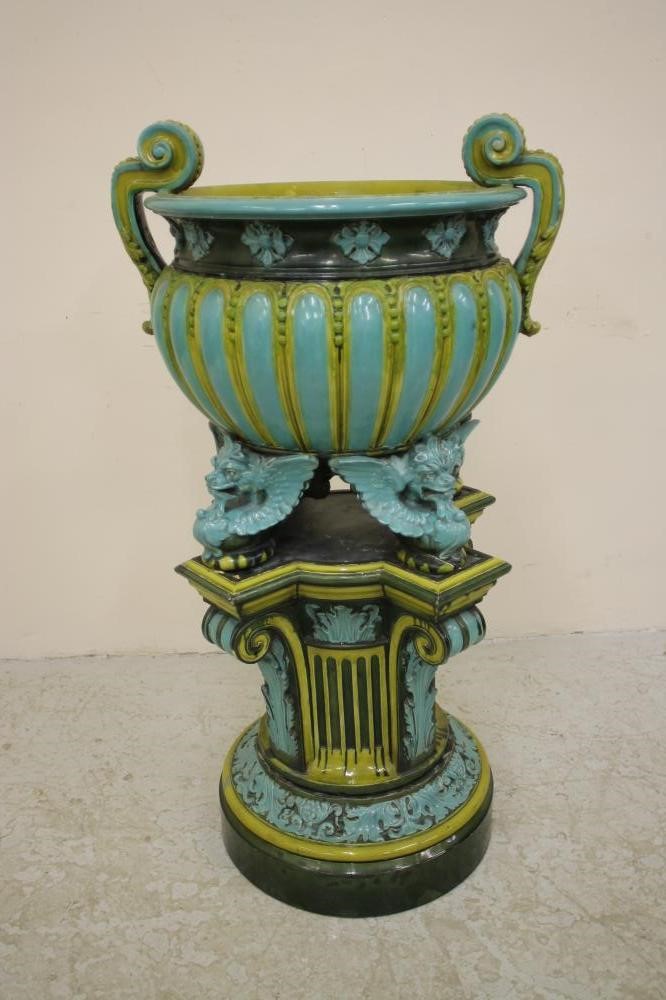 A MASSIVE ENGLISH MAJOLICA JARDINIERE ON STAND Image