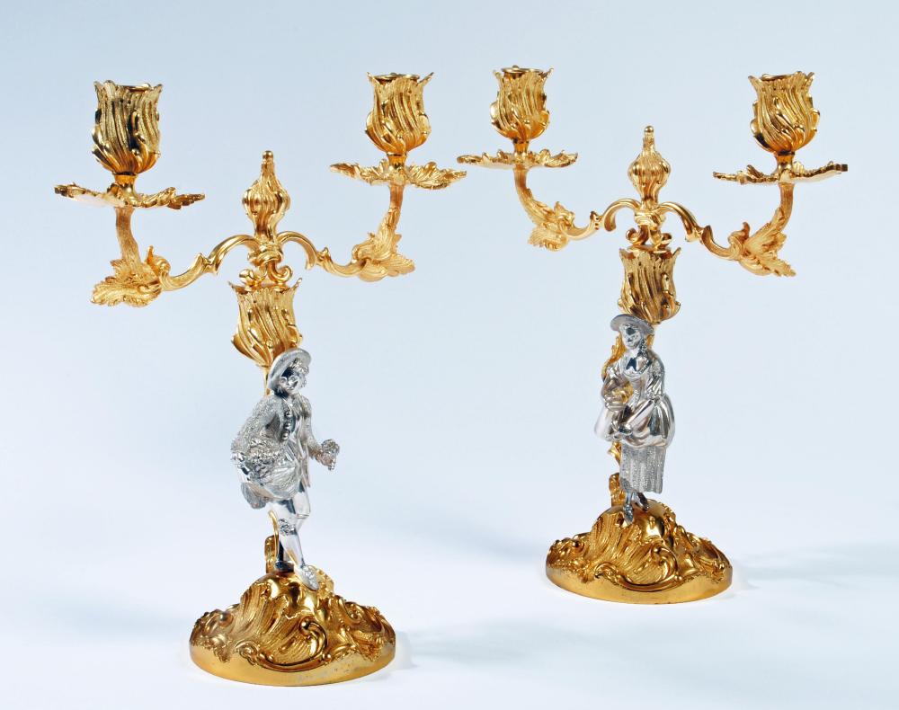A PAIR OF SILVER  AND PARCEL GILT ROCOCO STYLE FIGURAL TWO BRANCH CANDELABRA Image