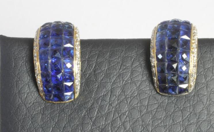 A PAIR OF SAPPHIRE AND DIAMOND HALF HOOP STUD EARRINGS Image