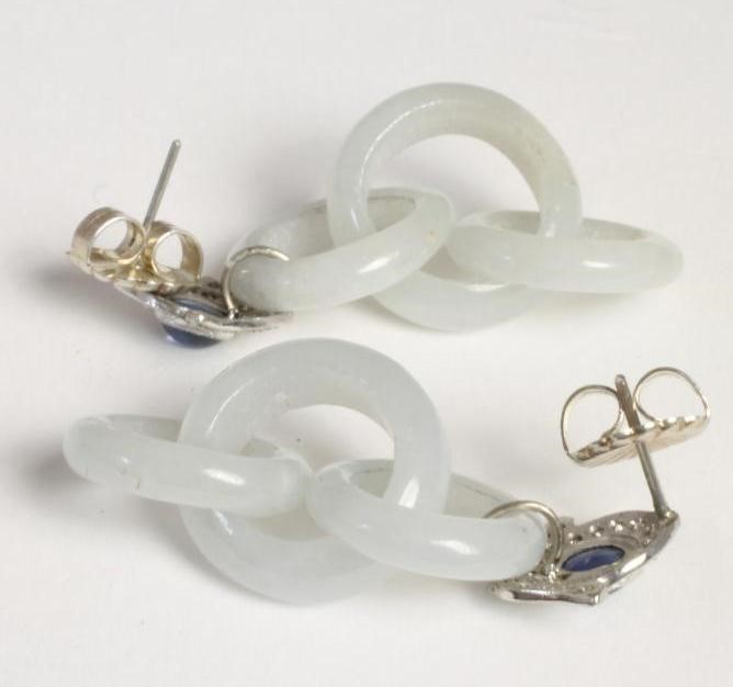 A PAIR OF JADEITE AND DIAMOND STUD DROP EARRINGS Image