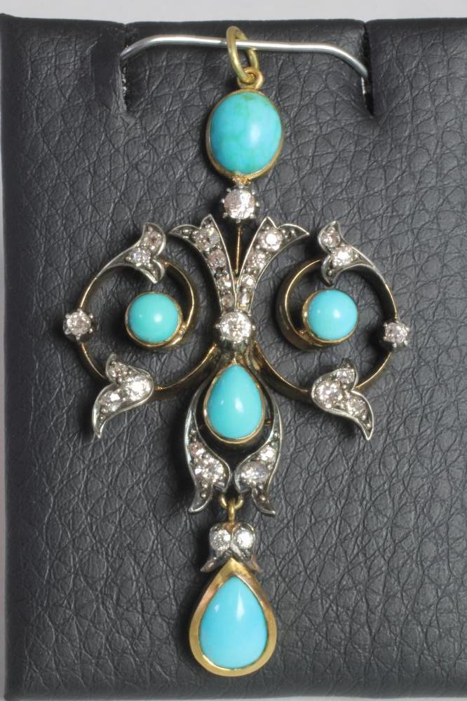 AN EDWARDIAN DIAMOND AND TURQUOISE PENDANT Image