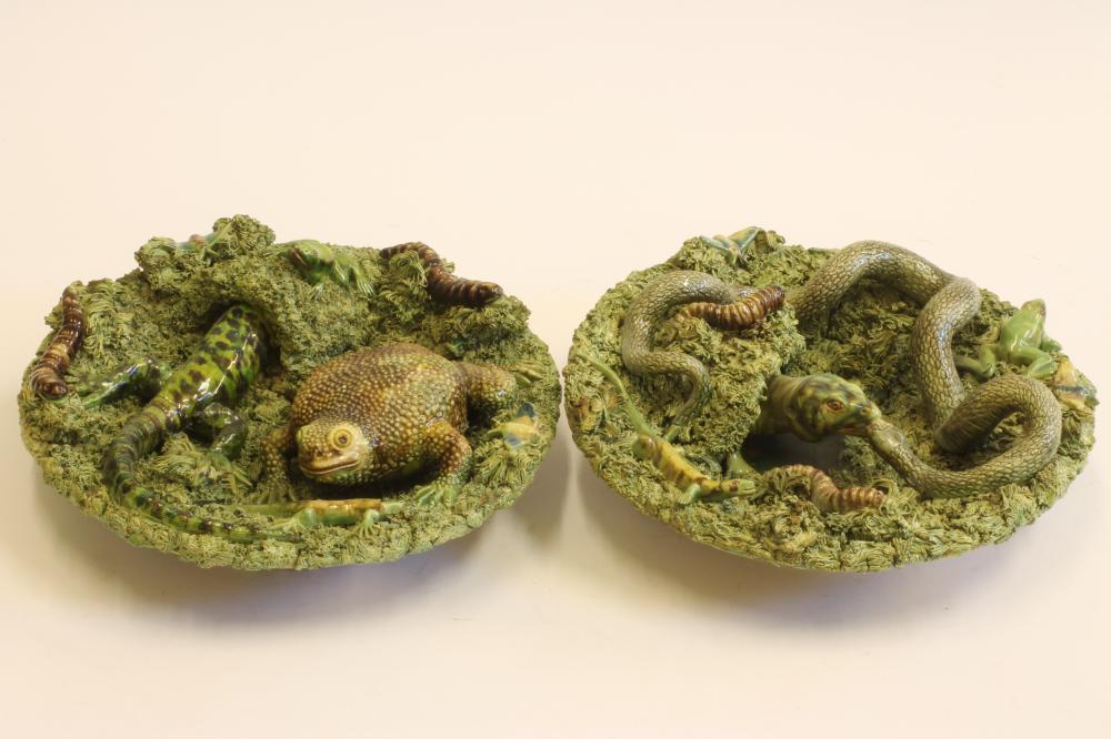 A PAIR OF JOSE A. CUNHA CALDAS DA RAINHA PALISSY STYLE MAJOLICA PLAQUES Image