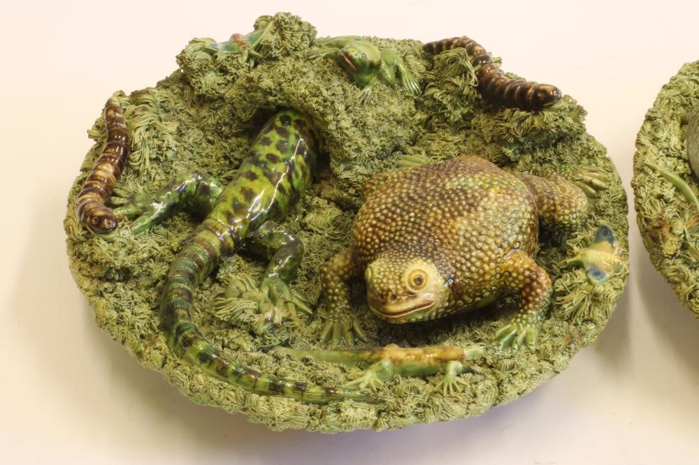 A PAIR OF JOSE A. CUNHA CALDAS DA RAINHA PALISSY STYLE MAJOLICA PLAQUES Image