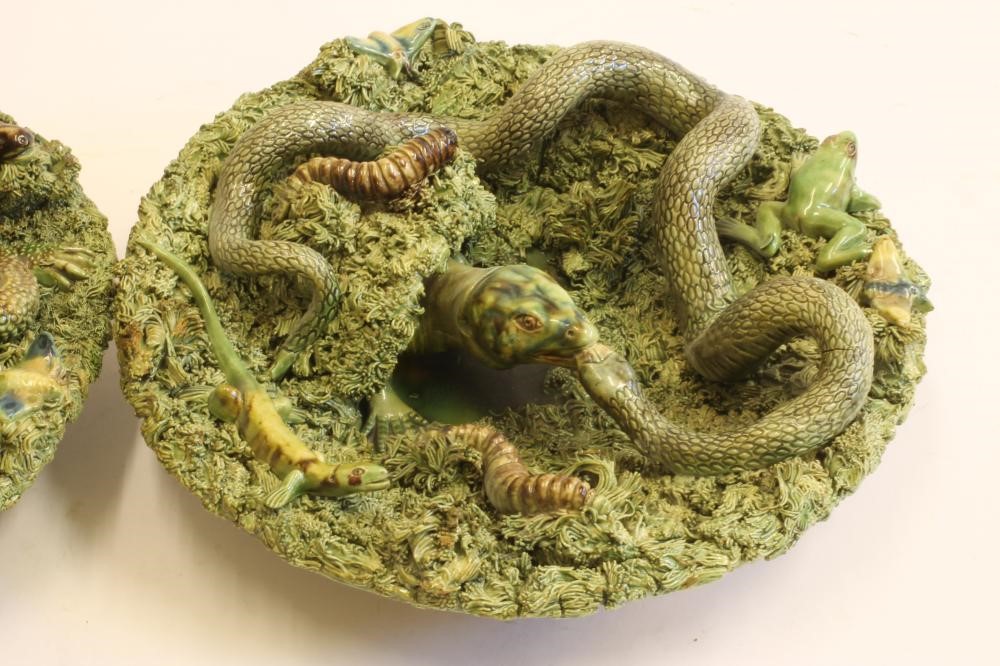 A PAIR OF JOSE A. CUNHA CALDAS DA RAINHA PALISSY STYLE MAJOLICA PLAQUES Image