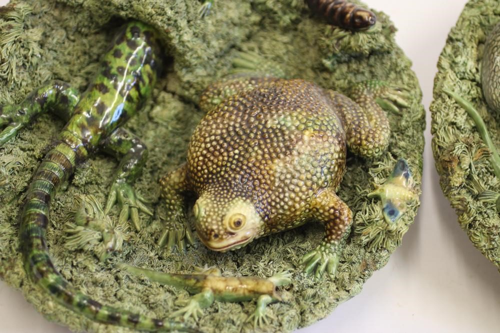 A PAIR OF JOSE A. CUNHA CALDAS DA RAINHA PALISSY STYLE MAJOLICA PLAQUES Image