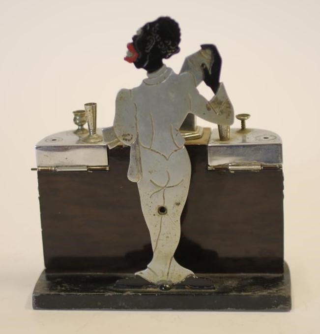 A RONSON ART DECO CHROME TABLE LIGHTER modelled as a cocktail bar with central lighter flanked by a Image