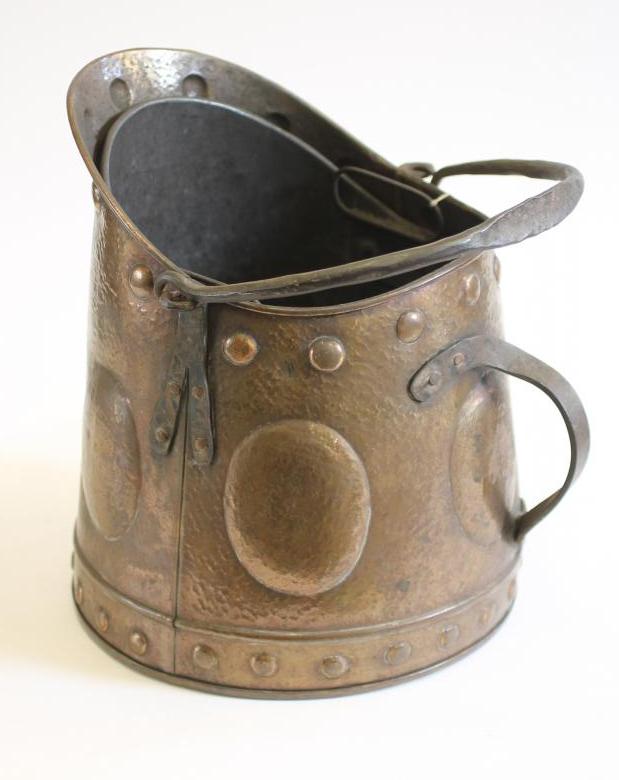 AN ARTS AND CRAFTS COPPER COAL BUCKET with wrought iron handles Image