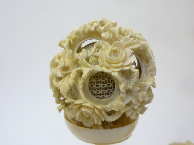 THREE CHINESE IVORY PUZZLE BALLS AND STANDS Image