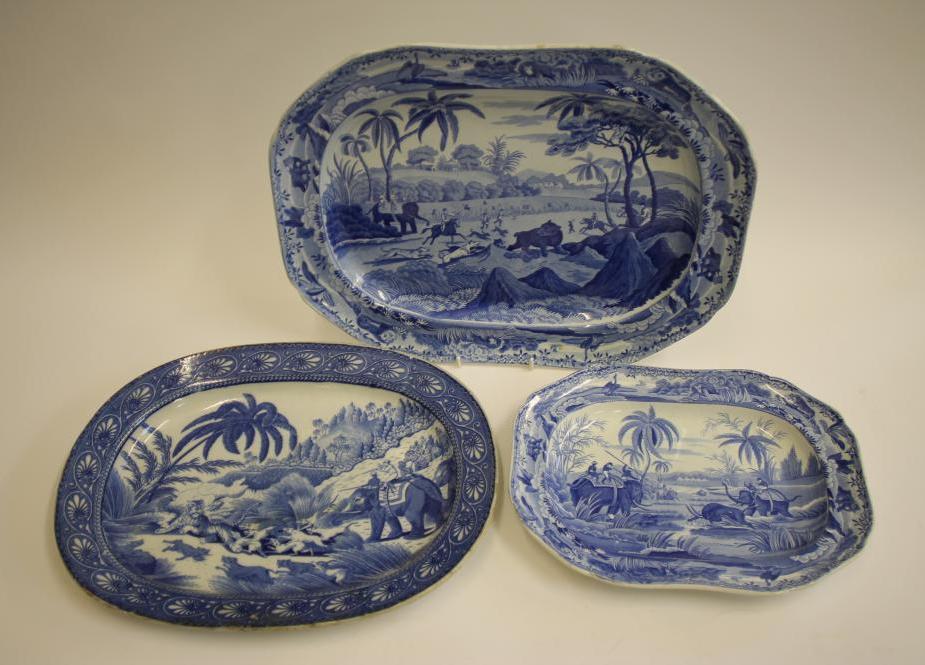INDIAN SPORTING BLUE AND WHITE PRINTED EARTHENWARE- A Clews "Driving a Bear out of Sugar Cane" meat Image