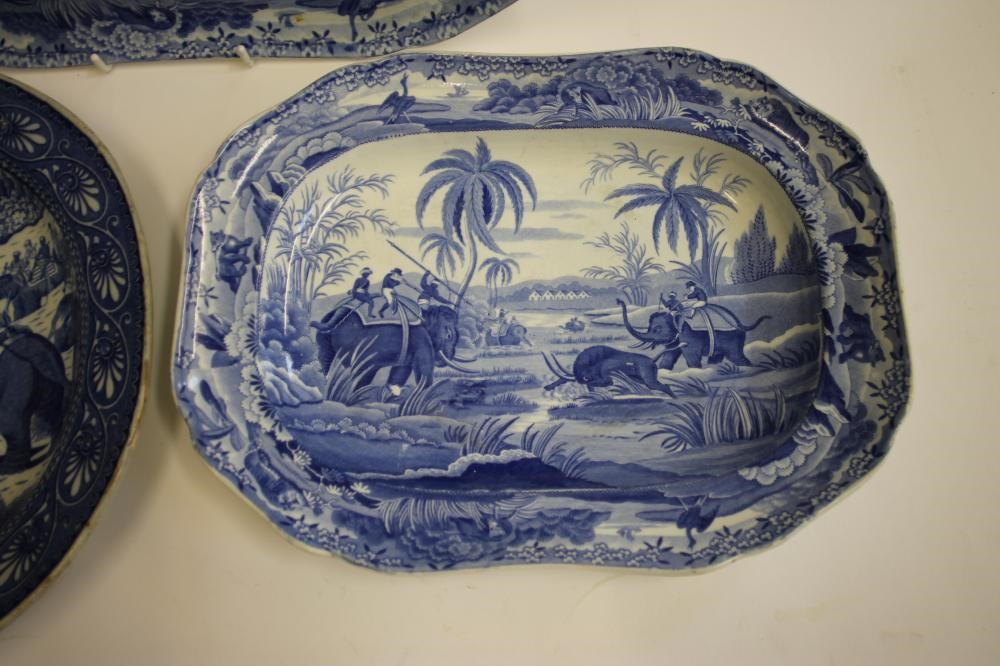 INDIAN SPORTING BLUE AND WHITE PRINTED EARTHENWARE- A Clews "Driving a Bear out of Sugar Cane" meat Image