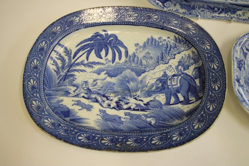 INDIAN SPORTING BLUE AND WHITE PRINTED EARTHENWARE- A Clews "Driving a Bear out of Sugar Cane" meat Image