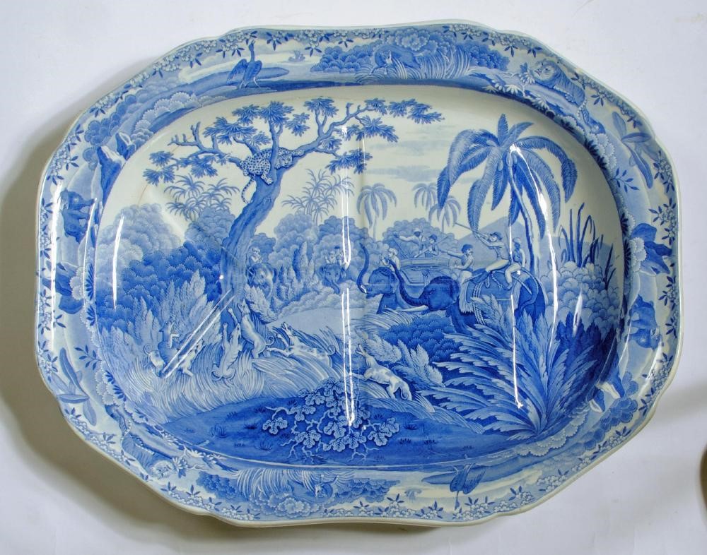 SPODE INDIAN SPORTING SERIES BLUE AND WHITE PRINTED EARTHENWARE-A "Shooting a Leopard" meat plate of Image