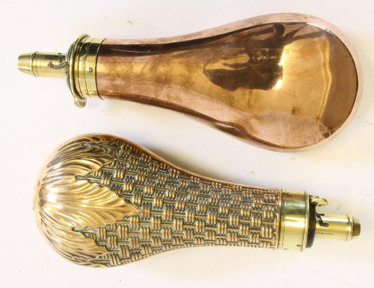 TWO BRASS POWDER FLASKS BY DIXON & SONS Image