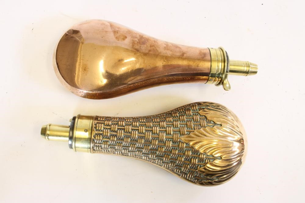 TWO BRASS POWDER FLASKS BY DIXON & SONS Image