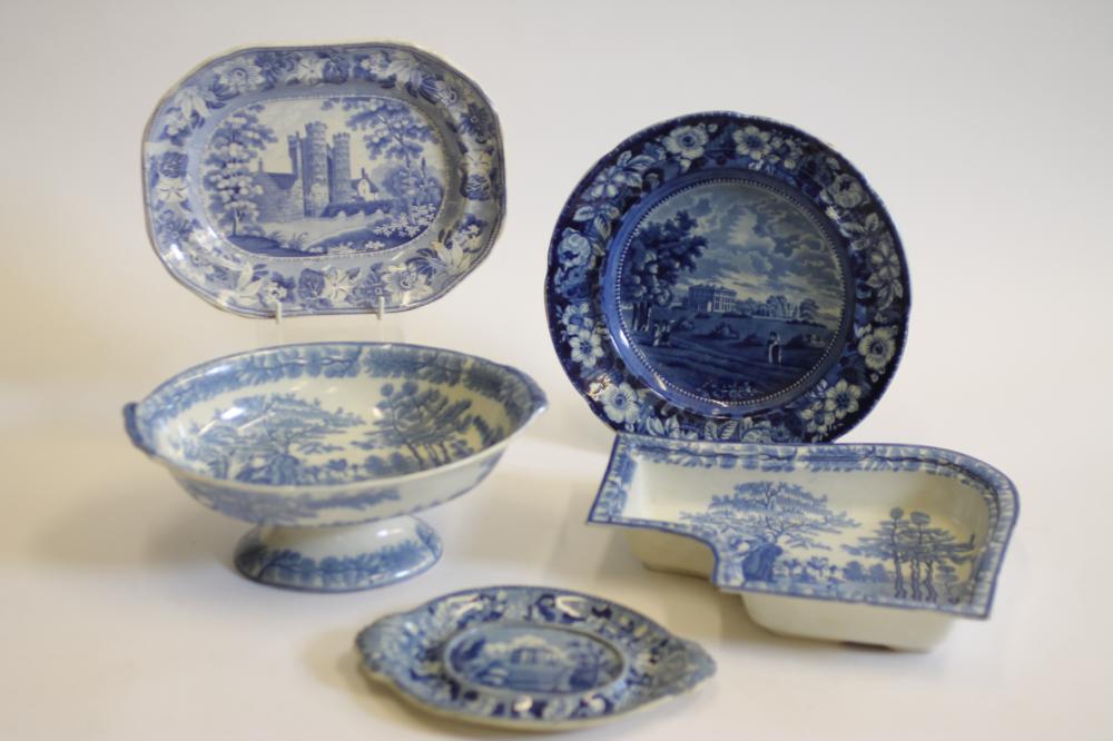 NORFOLK & SUFFOLK INTEREST BLUE AND WHITE PRINTED EARTHENWARE - A Davenport "Oxburgh Hall" oval Image