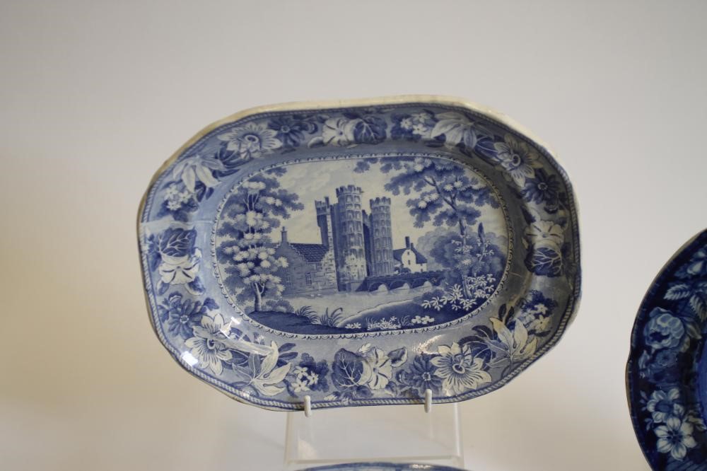 NORFOLK & SUFFOLK INTEREST BLUE AND WHITE PRINTED EARTHENWARE - A Davenport "Oxburgh Hall" oval Image