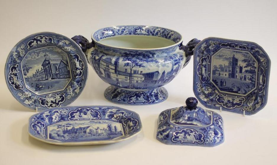 OXBRIDGE INTEREST BLUE AND WHITE PRINTED EARTHENWARE- A J. & W. Ridgway "Caius College Image