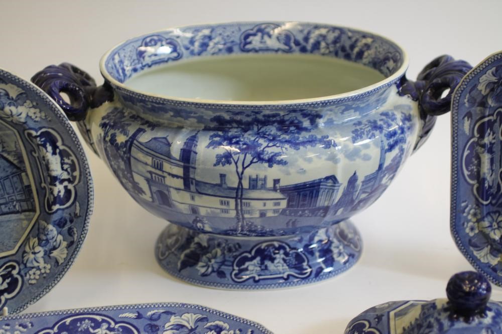 OXBRIDGE INTEREST BLUE AND WHITE PRINTED EARTHENWARE- A J. & W. Ridgway "Caius College Image