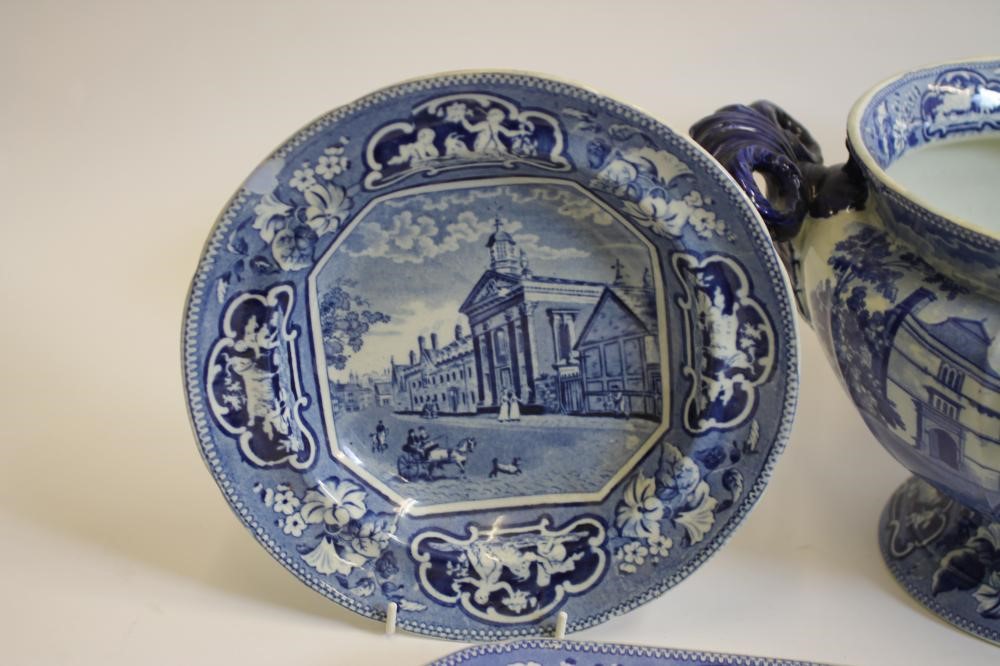 OXBRIDGE INTEREST BLUE AND WHITE PRINTED EARTHENWARE- A J. & W. Ridgway "Caius College Image