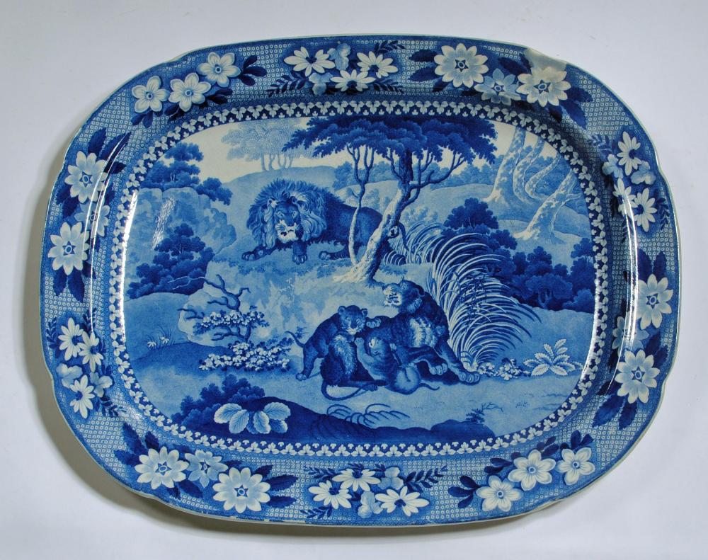 WILLIAM ADAMS "LIONS" BLUE AND WHITE PRINTED EARTHENWARE - A meat plate of rounded oblong form Image