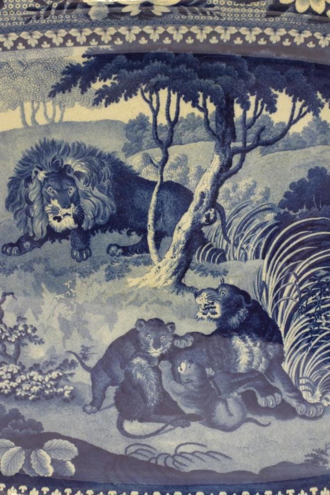 WILLIAM ADAMS "LIONS" BLUE AND WHITE PRINTED EARTHENWARE - A meat plate of rounded oblong form Image