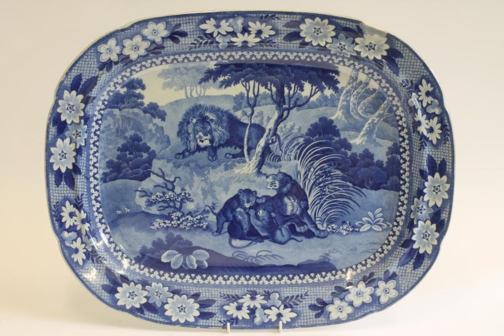 WILLIAM ADAMS "LIONS" BLUE AND WHITE PRINTED EARTHENWARE - A meat plate of rounded oblong form Image