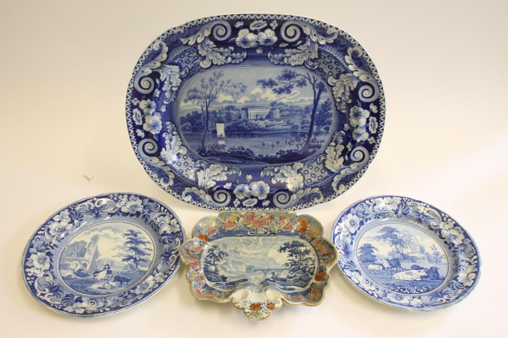 YORKSHIRE INTEREST BLUE AND WHITE PRINTED EARTHENWARE - A Riley "Bretton Hall" pattern meat plate of Image