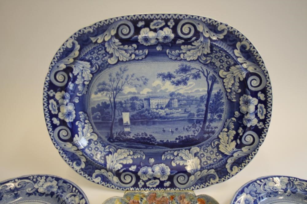YORKSHIRE INTEREST BLUE AND WHITE PRINTED EARTHENWARE - A Riley "Bretton Hall" pattern meat plate of Image