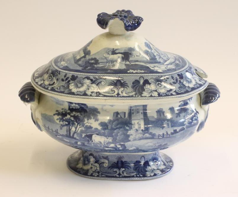 YORKSHIRE INTEREST BLUE AND WHITE PRINTED EARTHENWARE- A "Slingsby Castle" soup tureen and cover of Image