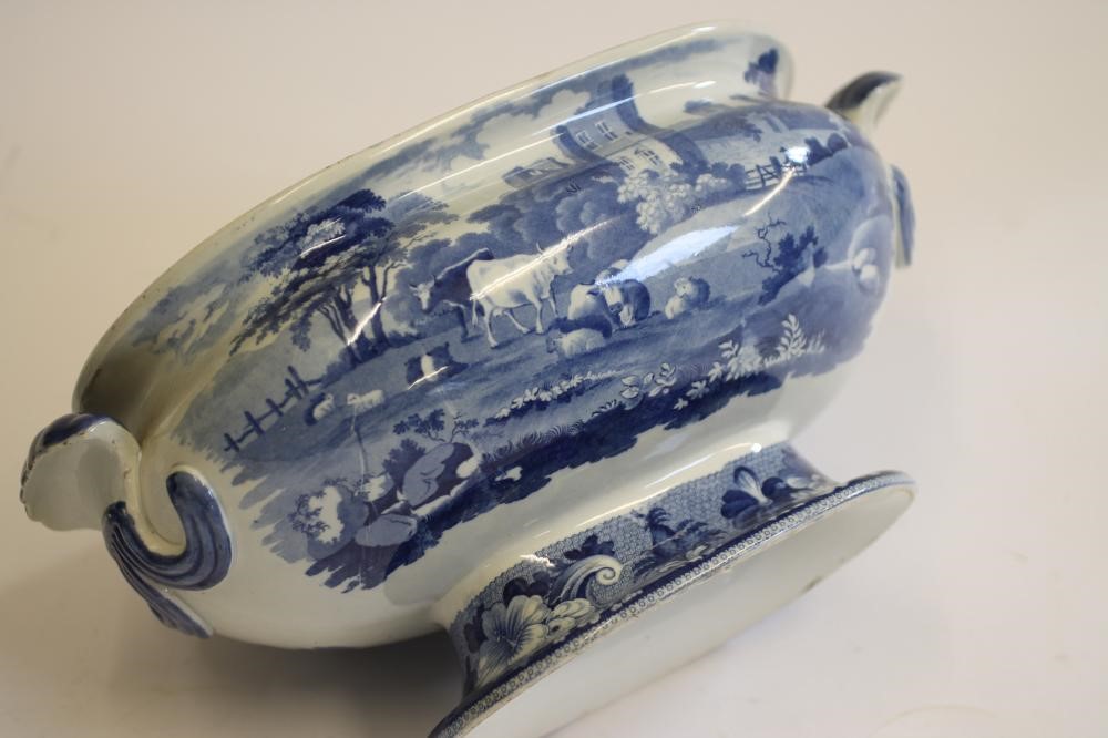 YORKSHIRE INTEREST BLUE AND WHITE PRINTED EARTHENWARE- A "Slingsby Castle" soup tureen and cover of Image