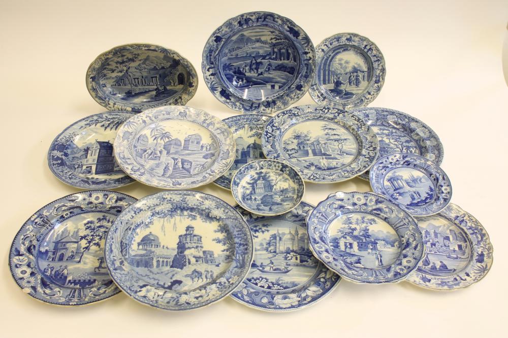 EASTERN SCENES BLUE AND WHITE PRINTED EARTHENWARE- Nine various plates including "Near Bucharest" Image