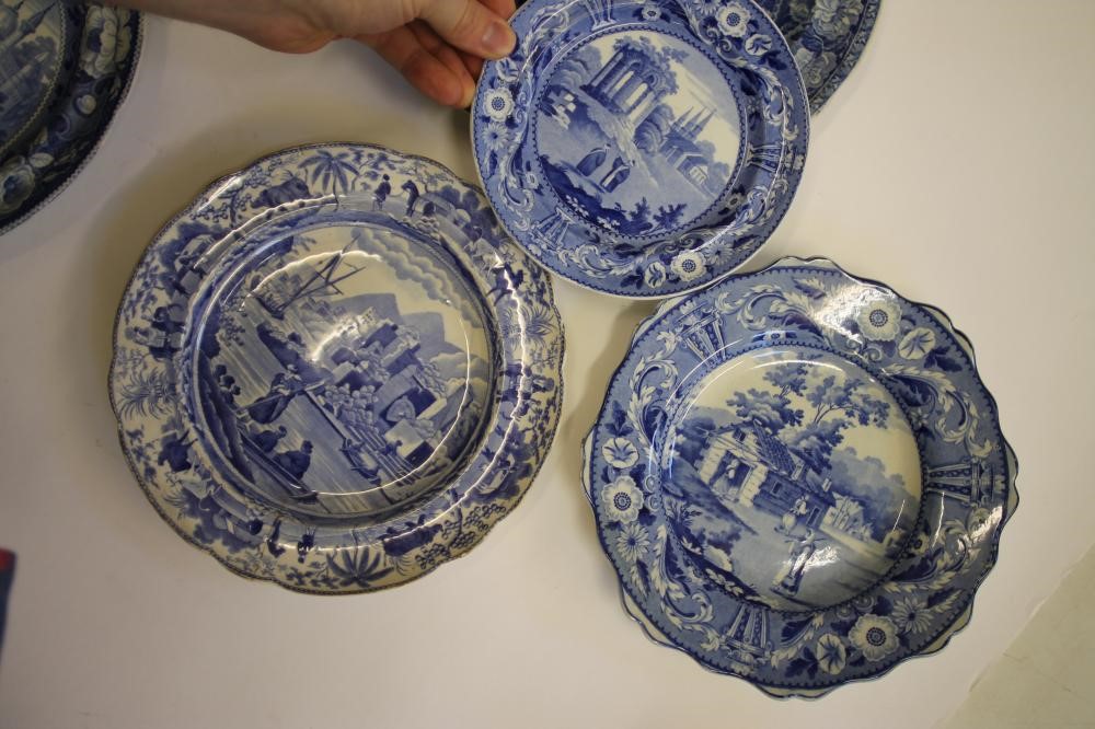 EASTERN SCENES BLUE AND WHITE PRINTED EARTHENWARE- Nine various plates including "Near Bucharest" Image