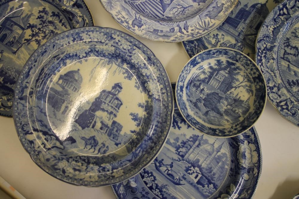 EASTERN SCENES BLUE AND WHITE PRINTED EARTHENWARE- Nine various plates including "Near Bucharest" Image