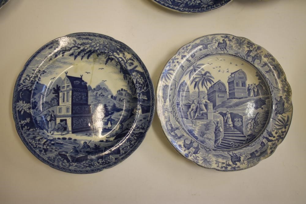 EASTERN SCENES BLUE AND WHITE PRINTED EARTHENWARE- Nine various plates including "Near Bucharest" Image