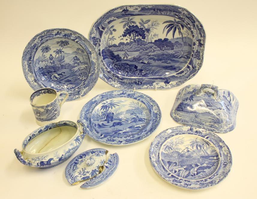 INDIAN SPORTING SERIES BLUE AND WHITE PRINTED EARTHENWARE- A Spode "Chase after a Wolf" soup plate Image