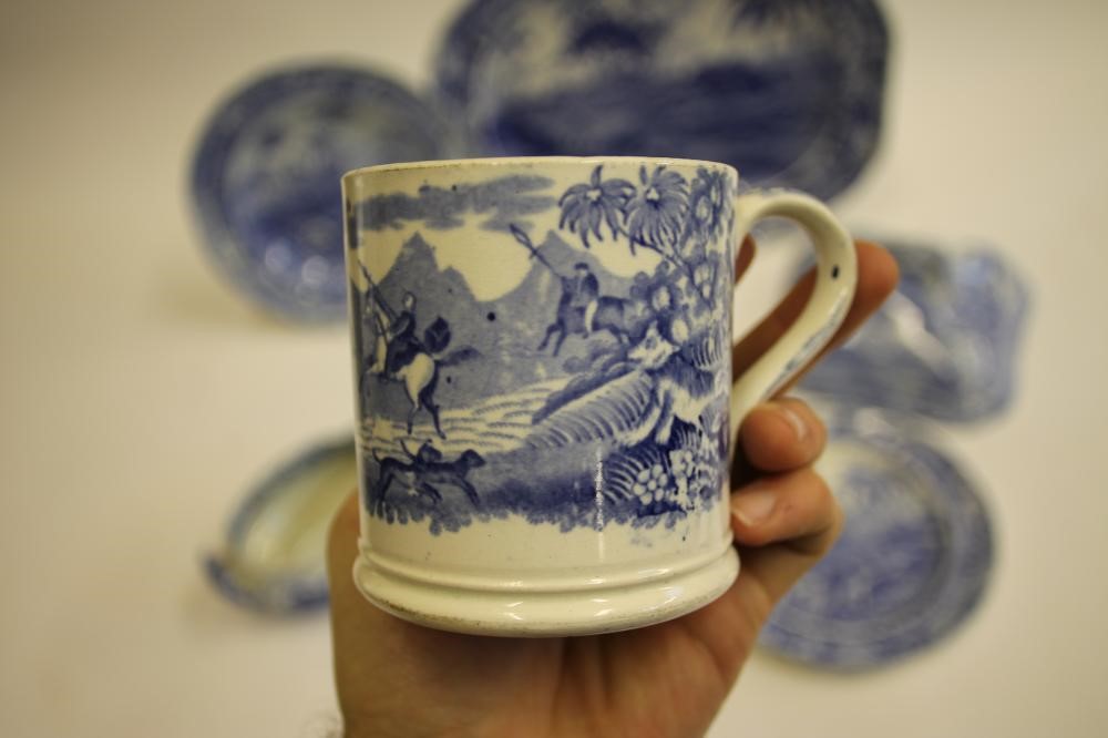INDIAN SPORTING SERIES BLUE AND WHITE PRINTED EARTHENWARE- A Spode "Chase after a Wolf" soup plate Image