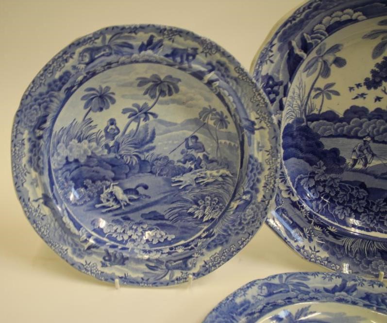 INDIAN SPORTING SERIES BLUE AND WHITE PRINTED EARTHENWARE- A Spode "Chase after a Wolf" soup plate Image