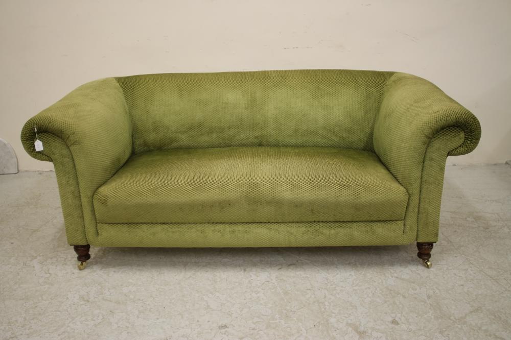 A VICTORIAN WALNUT FRAMED CHESTERFIELD SOFA upholstered in pale green cut chenille Image