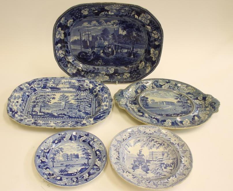 ENGLISH VIEWS BLUE AND WHITE PRINTED EARTHENWARE- An Enoch Wood "Rochester Castle" meat plate of Image