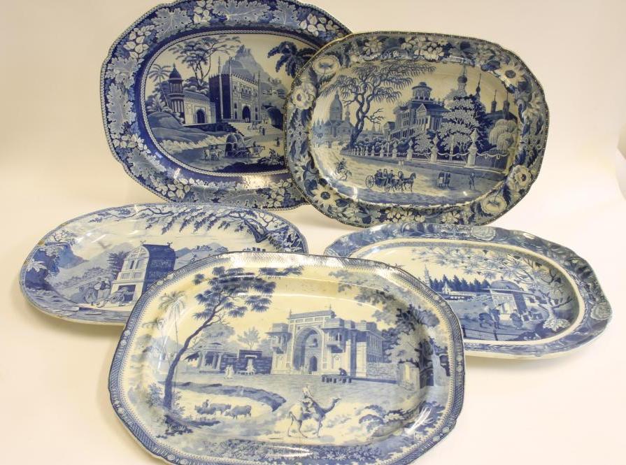 A COLLECTION OF NINE VARIOUS BLUE AND WHITE PRINTED EARTHENWARE MEAT PLATES including "Pashkov Image