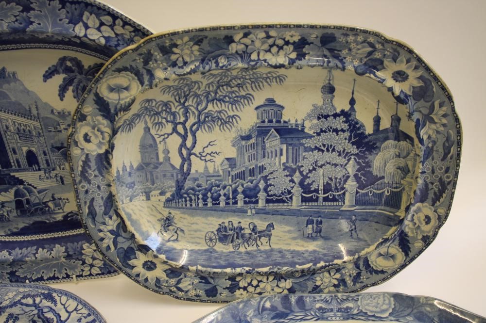 A COLLECTION OF NINE VARIOUS BLUE AND WHITE PRINTED EARTHENWARE MEAT PLATES including "Pashkov Image