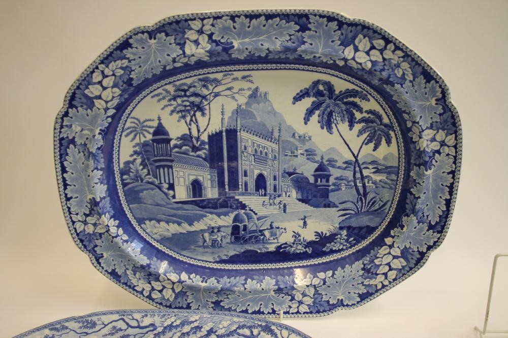 A COLLECTION OF NINE VARIOUS BLUE AND WHITE PRINTED EARTHENWARE MEAT PLATES including "Pashkov Image