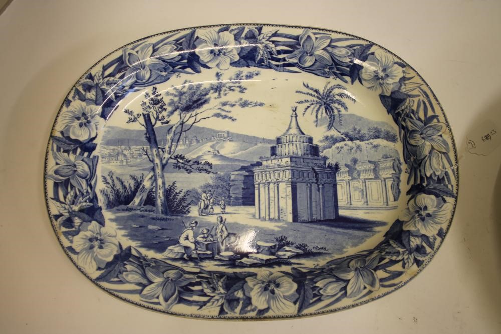 A COLLECTION OF NINE VARIOUS BLUE AND WHITE PRINTED EARTHENWARE MEAT PLATES including "Pashkov Image